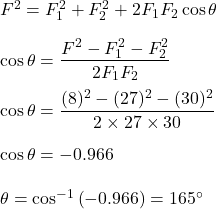 F^2=F_1^2+F_2^2+2F_1F_2\cos\theta\\\\\cos\theta=\dfrac{F^2-F_1^2-F_2^2}{2F_1F_2}\\\\\cos\theta=\dfrac{(8)^2-(27)^2-(30)^2}{2\times 27\times 30}\\\\\cos\theta=-0.966\\\\\theta=\cos^{-1}\left(-0.966\right)=165^{\circ}