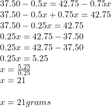 37.50-0.5x=42.75-0.75x\\37.50-0.5x+0.75x=42.75\\37.50-0.25x=42.75\\0.25x=42.75-37.50\\0.25x=42.75-37.50\\0.25x=5.25\\x=\frac{5.25}{0.25} \\x=21\\\\x=21 grams