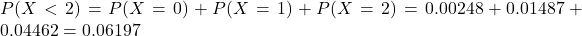 P(X < 2) = P(X = 0) + P(X = 1) + P(X = 2) = 0.00248 + 0.01487 + 0.04462 = 0.06197