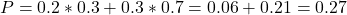 P = 0.2*0.3 + 0.3*0.7 = 0.06 + 0.21 = 0.27