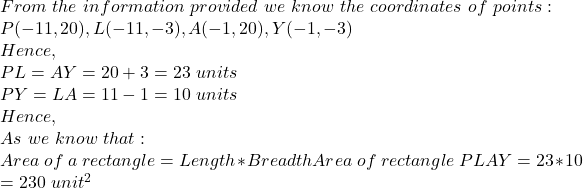 From\ the\ information\ provided\ we\ know\ the\ coordinates\ of\ points:\\P(-11,20),L(-11,-3),A(-1,20),Y(-1,-3)\\Hence,\\PL =AY= 20+3=23\ units\\PY=LA=11-1=10\ units\\Hence,\\As\ we\ know\ that:\\Area\ of\ a\ rectangle=Length*BreadthArea\ of\ rectangle\ PLAY=23*10\\=230\ unit^2