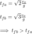 t_{fa}=\sqrt{2}\frac{v_o }{g} \\\\t_{fb}=\sqrt{3}\frac{v_o }{g}\\\\\implies t_{fb}>t_{fa}