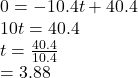 0 = -10.4t+40.4\\10t = 40.4\\t = \frac{40.4}{10.4} \\= 3.88