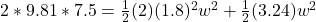 2*9.81*7.5=\frac{1}{2}(2)(1.8)^2w^2+\frac{1}{2}(3.24)w^2\\\\