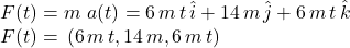 F(t)=m\,\,a(t)=6\,m\,t\,\hat i+14\,m\,\hat j+6\,m\,t\,\hat k\\F(t)=\,(6\,m\,t,14\,m,6\,m\,t)