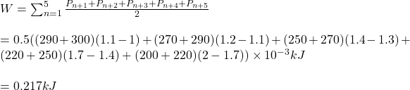 W= \sum_{n=1}^{5} \frac{P_{n+1}+P_{n+2}+P_{n+3}+P_{n+4}+P_{n+5}}{2}\\\\=0.5((290+300)(1.1-1)+(270+290)(1.2-1.1)+(250+270)(1.4-1.3)+(220+250)(1.7-1.4)+(200+220)(2-1.7))\times 10^-^3kJ\\\\=0.217kJ