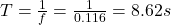 T=\frac{1}{f}=\frac{1}{0.116}=8.62 s