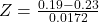Z = \frac{0.19 - 0.23}{0.0172}