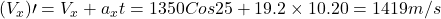 (V_x)\prime=V_x+a_xt=1350Cos25\textdegree+19.2\times10.20=1419m/s