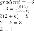 gradient =  - 3 \\  - 3 =  \frac{(8 + 1)}{( - 2 - k)}  \\  3(2 + k) = 9 \\ 2 + k = 3 \\ k = 1
