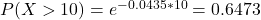 P(X > 10) = e^{-0.0435*10} = 0.6473