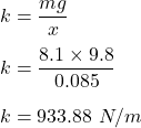 k=\dfrac{mg}{x}\\\\k=\dfrac{8.1\times 9.8}{0.085}\\\\k=933.88\ N/m