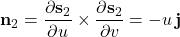 \mathbf n_2=\dfrac{\partial\mathbf s_2}{\partial u}\times\dfrac{\partial\mathbf s_2}{\partial v}=-u\,\mathbf j