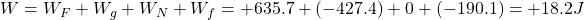 W=W_F+W_g+W_N+W_f=+635.7+(-427.4)+0+(-190.1)=+18.2 J