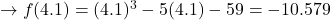 \to f(4.1) = (4.1)^3 - 5(4.1) - 59 = -10.579