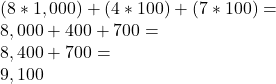(8*1,000)+(4*100)+(7*100)=\\8,000+400+700=\\8,400+700=\\9,100