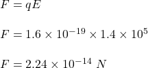F=qE\\\\F=1.6\times 10^{-19}\times 1.4\times 10^5\\\\F=2.24\times 10^{-14}\ N