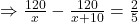 \Rightarrow\frac{120}{x}-\frac{120}{x+10}=\frac25
