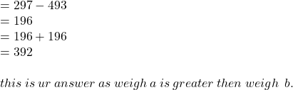  = 297 - 493 \\  = 196  \\  =19 6 + 196 \\  = 392 \\  \\ this \: is \: ur \: answer \: as \: weigh \: a \: is \: greater \: then \: weigh \:  \: b.