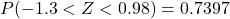 P(-1.3 < Z < 0.98) = 0.7397