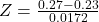 Z = \frac{0.27 - 0.23}{0.0172}