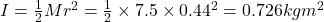 I=\frac{1}{2}Mr^2=\frac{1}{2}\times 7.5\times 0.44^2=0.726kgm^2