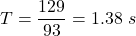 T=\dfrac{129}{93}=1.38\ s