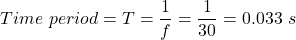 Time\ period =T=\dfrac{1}{f}=\dfrac{1}{30}=0.033\ s