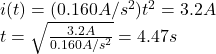 i(t)=(0.160A/s^{2})t^{2}=3.2A\\t=\sqrt{\frac{3.2A}{0.160A/s^{2}}}=4.47s
