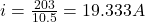 i=\frac{203}{10.5}=19.333A