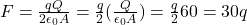 F = \frac{qQ}{2\epsilon_0 A} = \frac{q}{2}(\frac{Q}{\epsilon_0 A}) = \frac{q}{2}60 = 30q