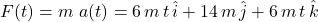 F(t)=m\,\,a(t)=6\,m\,t\,\hat i+14\,m\,\hat j+6\,m\,t\,\hat k