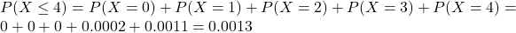 P(X \leq 4) = P(X = 0) + P(X = 1) + P(X = 2) + P(X = 3) + P(X = 4) = 0 + 0 + 0 + 0.0002 + 0.0011 = 0.0013