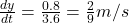 \frac{dy}{dt} = \frac{0.8}{3.6} =\frac{2}{9} m/s