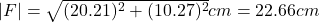 |F|=\sqrt{(20.21)^2+(10.27)^2}cm=22.66cm