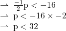  \rm \rightharpoonup \:  \frac{ - 1}{2}p <  - 16 \\   \rm \rightharpoonup \: p <  - 16  \times  - 2 \\  \rm \rightharpoonup \: p < 32