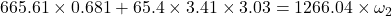 665.61\times 0.681+65.4\times 3.41\times 3.03=1266.04\times \omega_2
