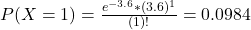 P(X = 1) = \frac{e^{-3.6}*(3.6)^{1}}{(1)!} = 0.0984
