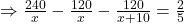 \Rightarrow\frac{240}{x}- \frac{120}{x}-\frac{120}{x+10}=\frac25