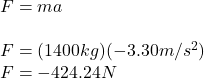 F =ma\\\\F = (1400kg)(-3.30m/s^2)\\F =-424.24 N