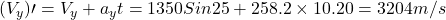 (V_y)\prime=V_y+a_yt=1350Sin25\textdegree+258.2\times10.20=3204m/s