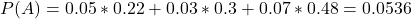P(A) = 0.05*0.22 + 0.03*0.3 + 0.07*0.48 = 0.0536