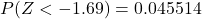 P(Z< -1.69) = 0.045514