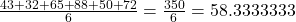 \frac{43 + 32 + 65 + 88 + 50 + 72}{6} = \frac{350}{6}  = 58.3333333