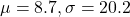 \mu = 8.7, \sigma = 20.2