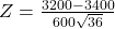 Z=\frac{3200-3400}{600\sqrt{36}}