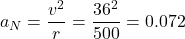 a_N = \dfrac{v^2}{r} = \dfrac{36^2}{500}=0.072