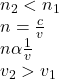 n_{2} <n_{1} \\n=\frac{c}{v} \\n\alpha \frac{1}{v} \\v_{2} >v_{1}