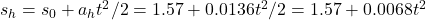 s_h = s_0 + a_ht^2/2 = 1.57 + 0.0136t^2/2 = 1.57 + 0.0068t^2