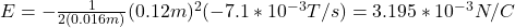 E=-\frac{1}{2(0.016m)}(0.12m)^2(-7.1*10^{-3}T/s)=3.195*10^{-3}N/C